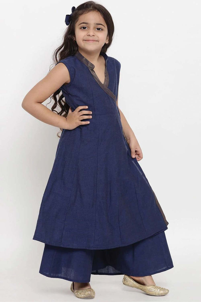 Buy Girl's Navy Blue Self Design Kurta With Palazzos Online - Front