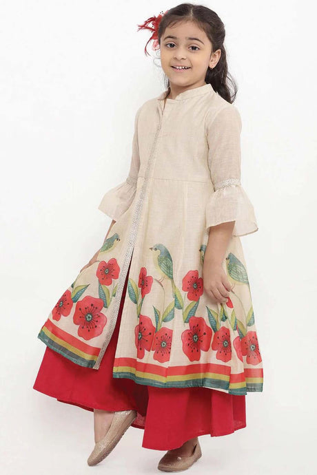Buy Girl's Beige Printed Kurti With Palazzos Online - Back
