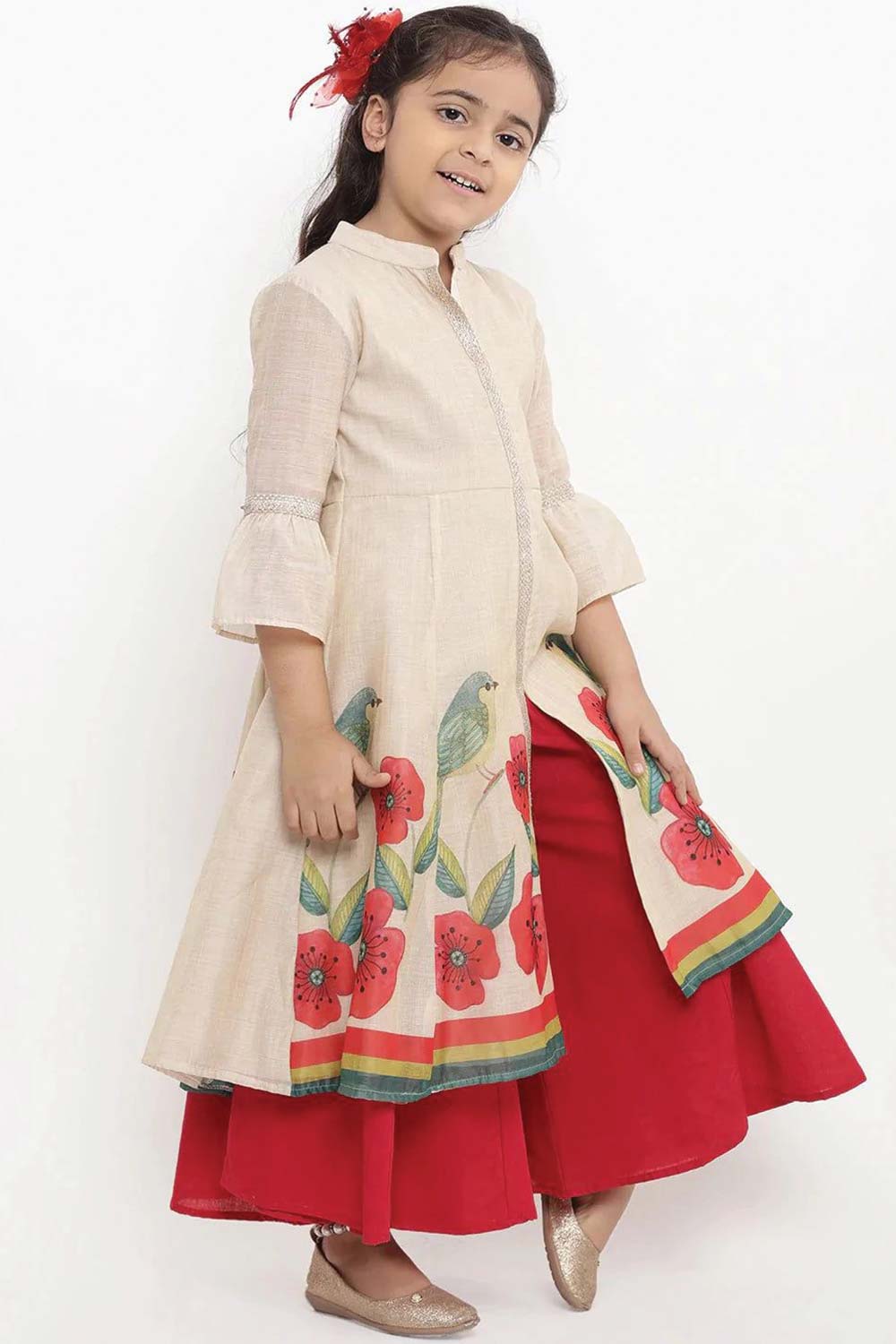 Buy Girl's Beige Printed Kurti With Palazzos Online - Front