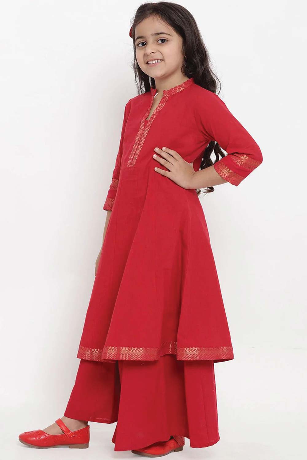 Buy Girl's Red Self Design Kurta With Palazzos Online - Back