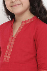 Buy Girl's Red Self Design Kurta With Palazzos Online - Zoom In