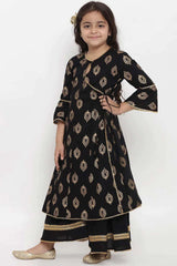 Buy Girl's Black Printed Kurta With Palazzos Online - Back