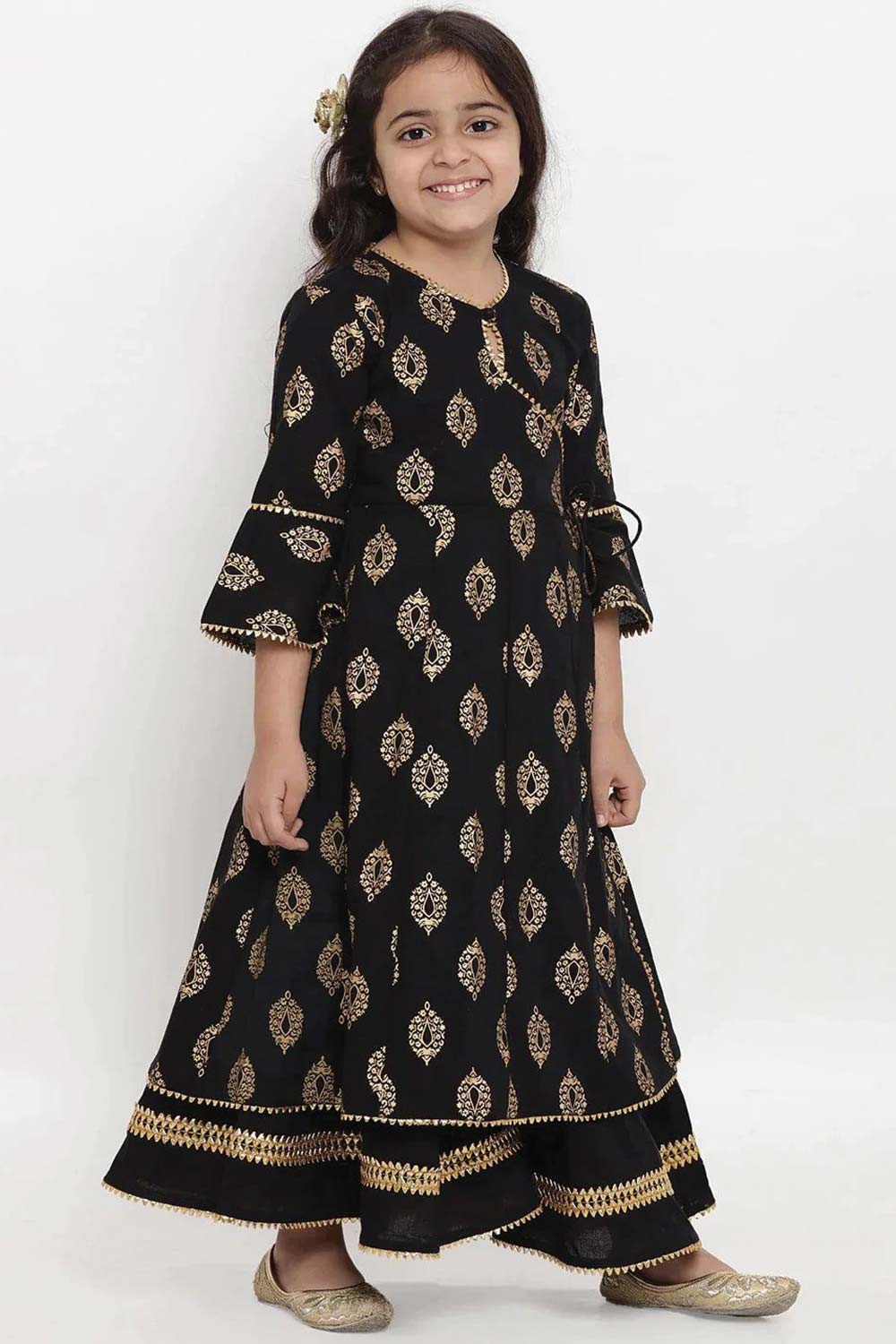 Buy Girl's Black Printed Kurta With Palazzos Online - Front