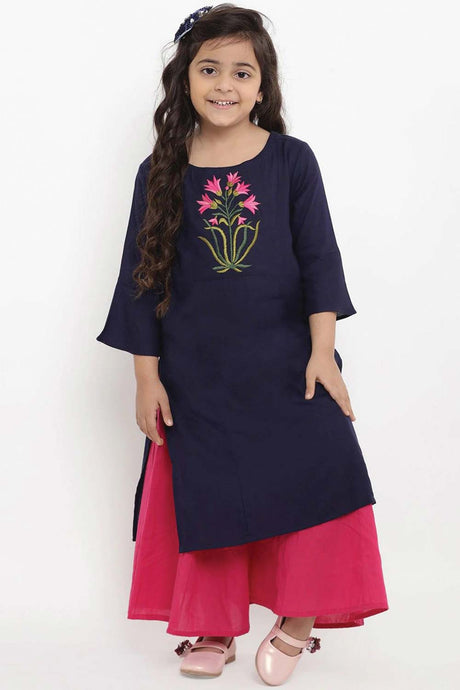 Buy Girl's Blue Embroidered Kurti With Palazzos Online