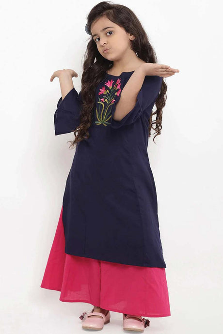 Buy Girl's Blue Embroidered Kurti With Palazzos Online - Back