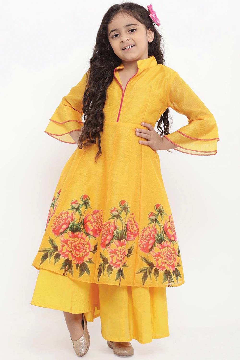 Buy Girl's Yellow Printed Kurta With Palazzos Online