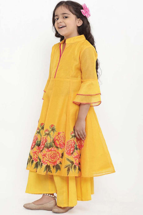Buy Girl's Yellow Printed Kurta With Palazzos Online - Back