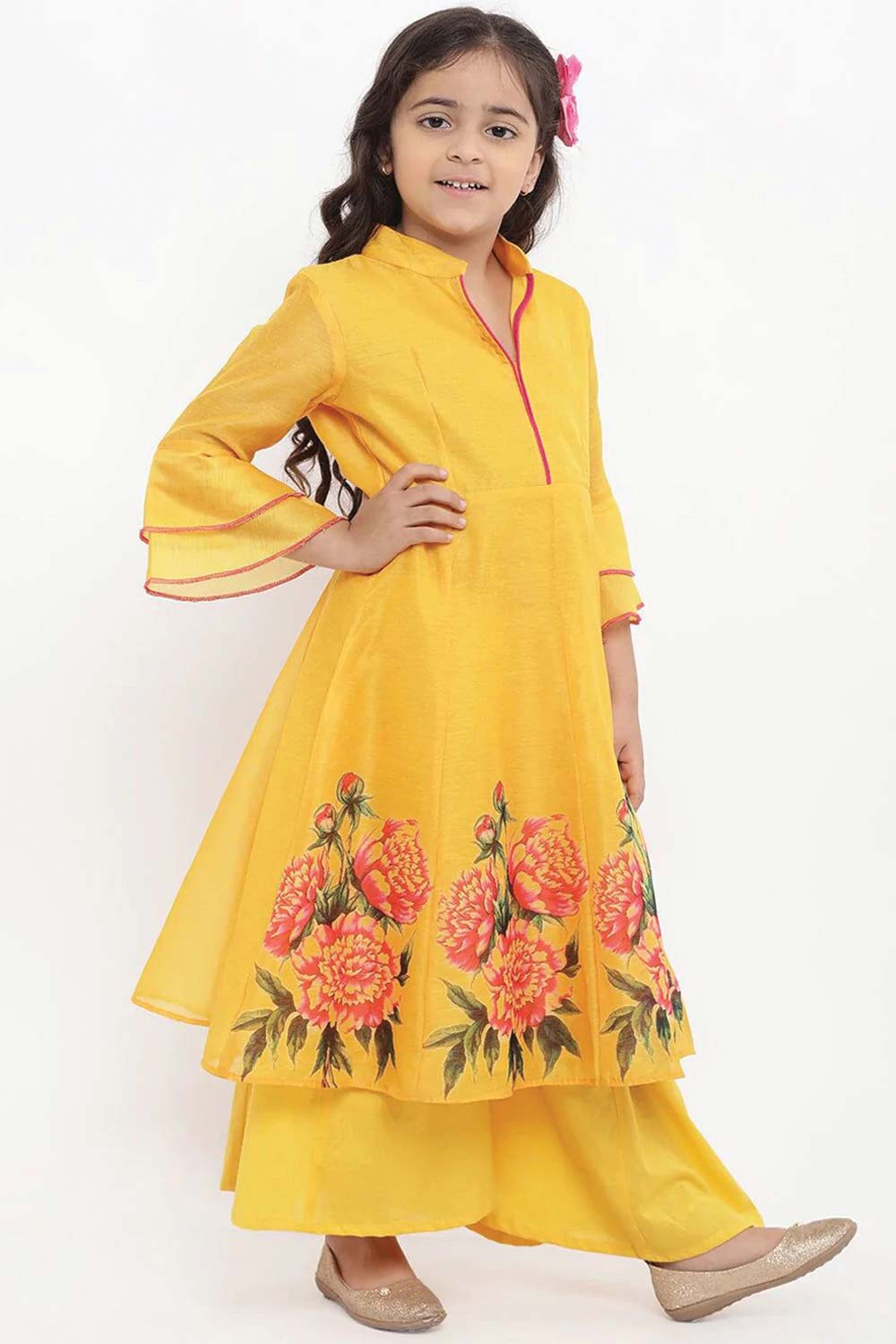 Buy Girl's Yellow Printed Kurta With Palazzos Online - Front