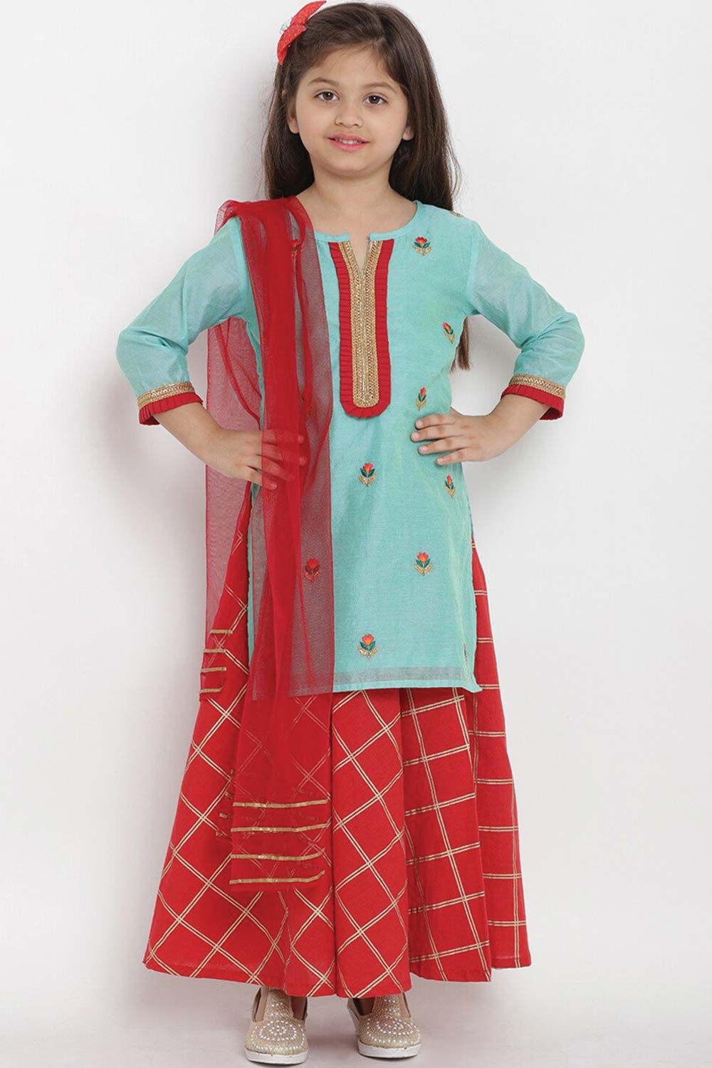 Buy Girl's Sea Green And Red Self Design Kurta With Skirt And Dupatta Online