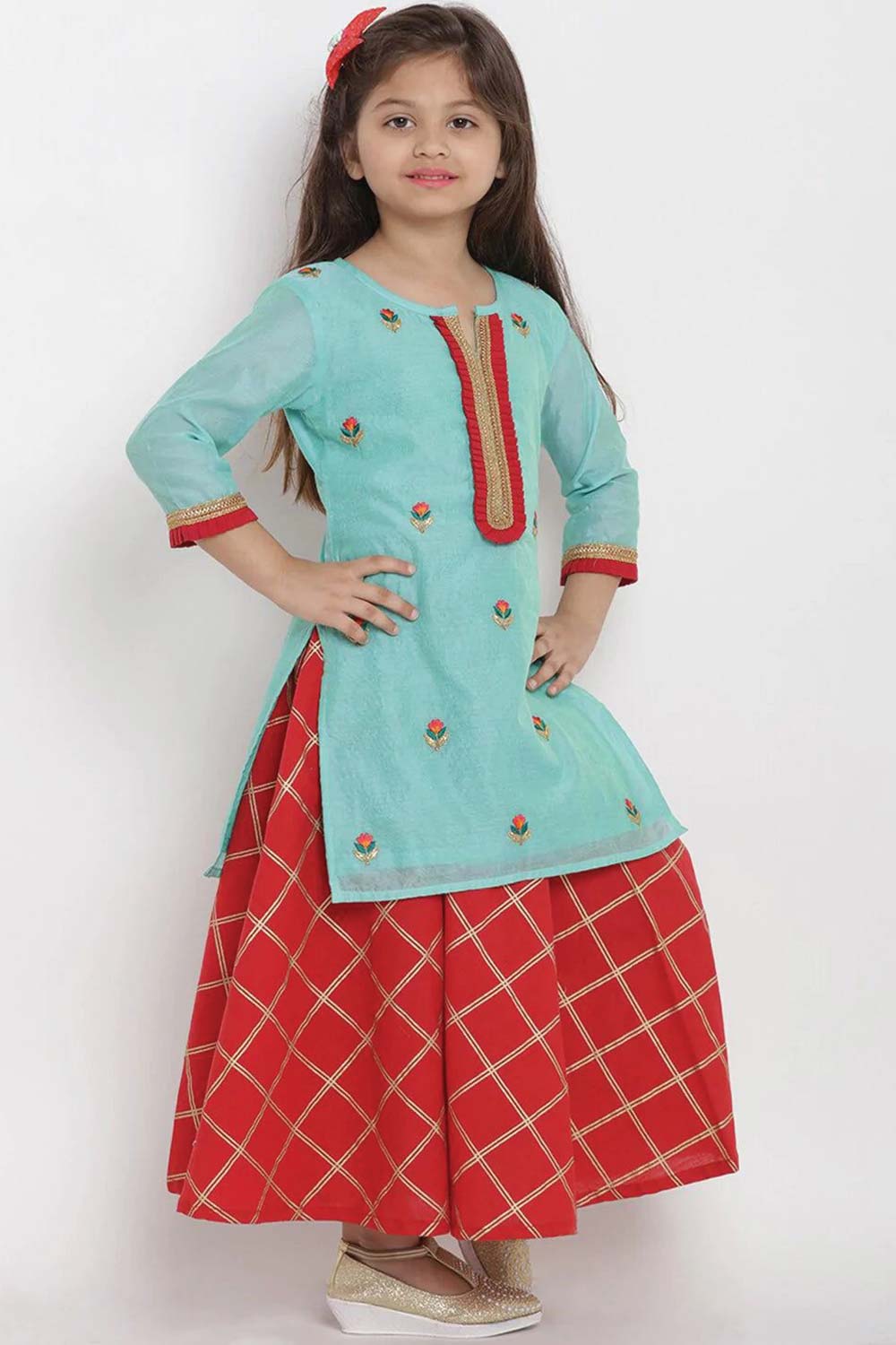 Buy Girl's Sea Green And Red Self Design Kurta With Skirt And Dupatta Online - Back