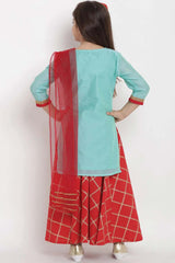 Buy Girl's Sea Green And Red Self Design Kurta With Skirt And Dupatta Online - Front