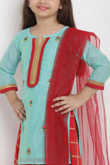 Buy Girl's Sea Green And Red Self Design Kurta With Skirt And Dupatta Online - Side