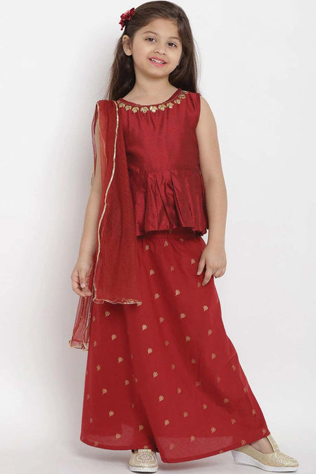 Buy Girl's Maroon Solid Pinted Top With Skirt Online