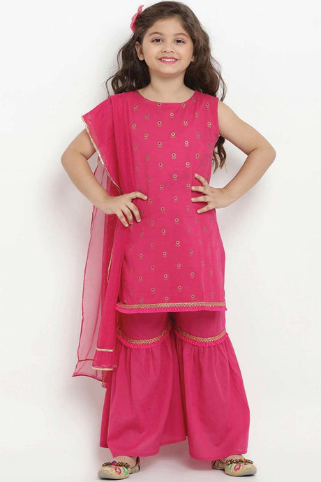 Buy Girl's Fuchsia Printed Kurta With Sharara And Dupatta Online