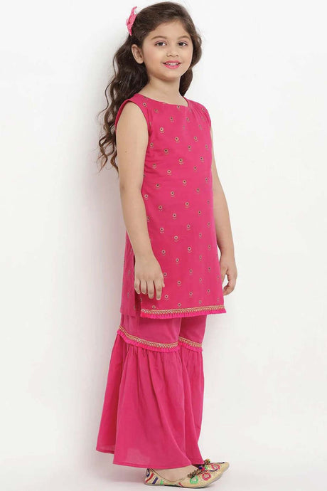 Buy Girl's Fuchsia Printed Kurta With Sharara And Dupatta Online - Back