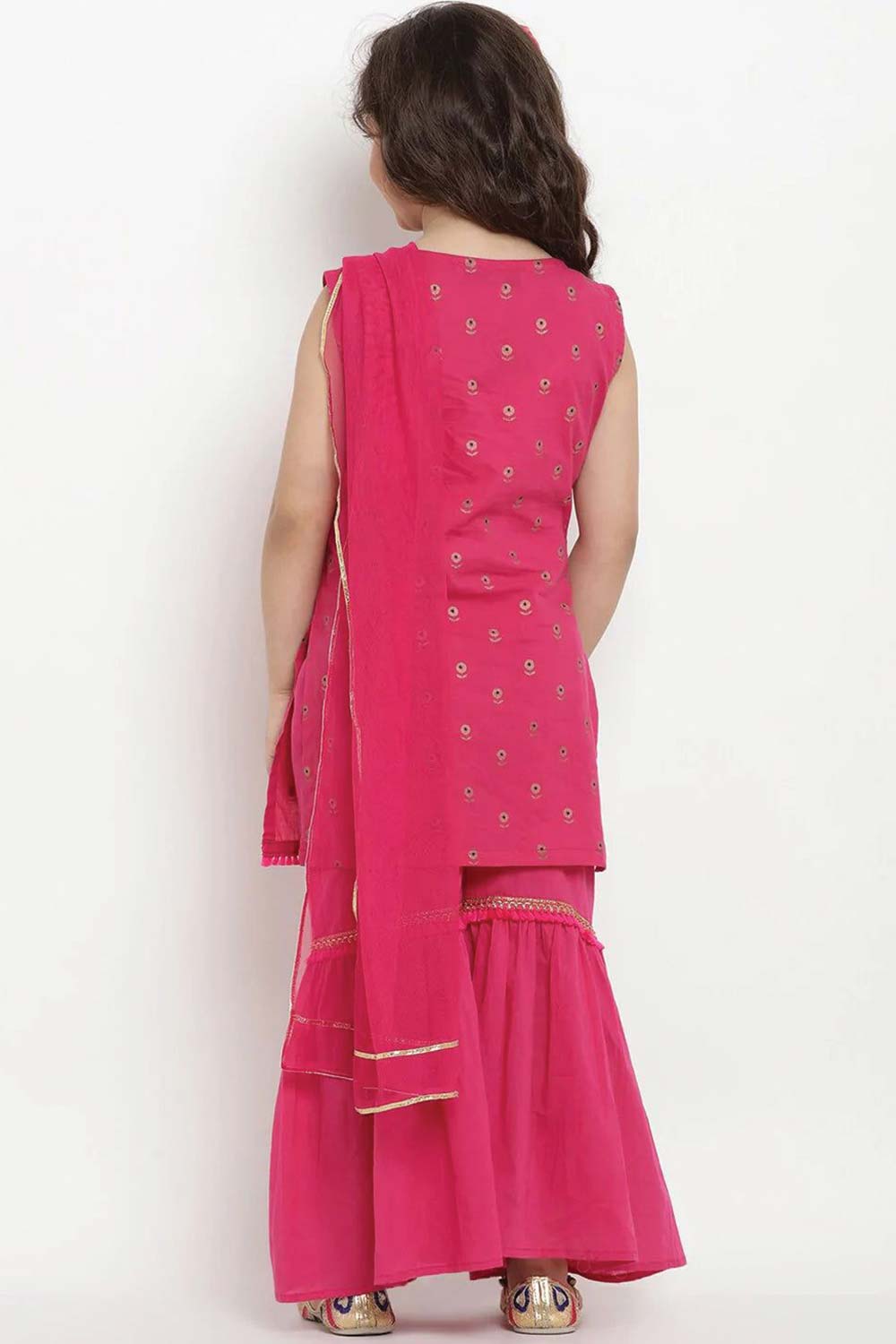 Buy Girl's Fuchsia Printed Kurta With Sharara And Dupatta Online - Front