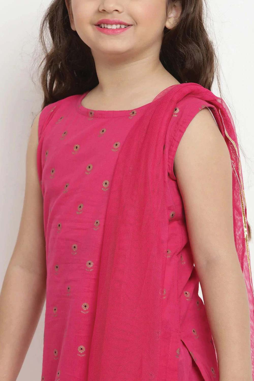 Buy Girl's Fuchsia Printed Kurta With Sharara And Dupatta Online - Side