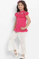 Buy Girl's Fuchsia Pink And White Printed Top With Palazzos Online - Back