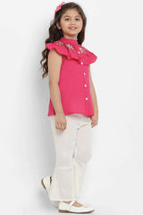 Buy Girl's Fuchsia Pink And White Printed Top With Palazzos Online - Front