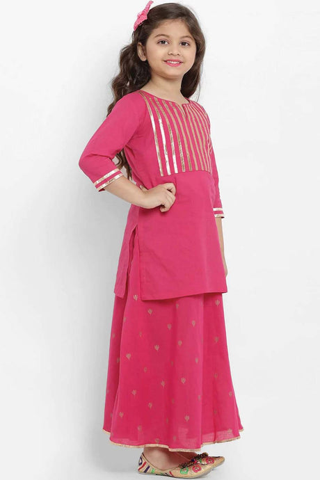 Buy Girl's Pink Solid Kurta With Skirt Online - Back