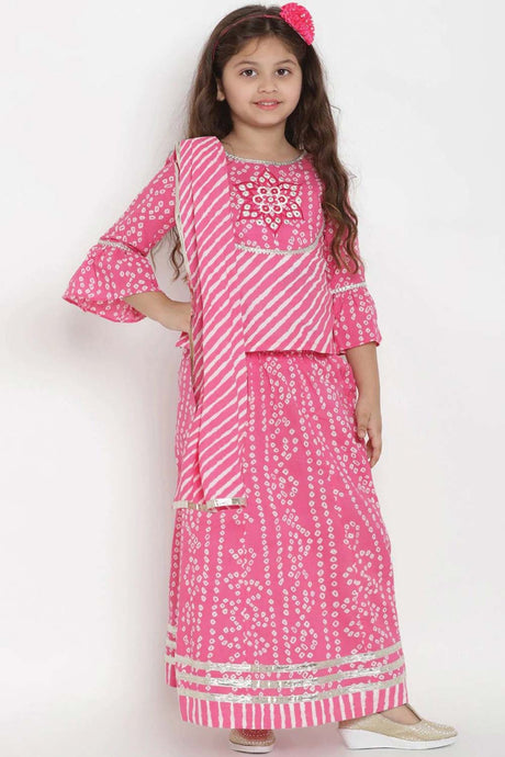 Buy Girl's Pink And White Printed Ready To Wear Lehenga And Blouse With Dupatta Online
