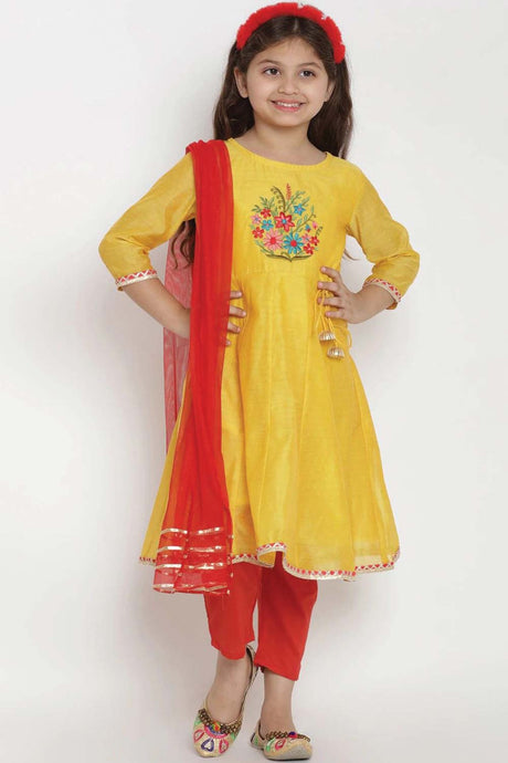 Buy Girl's Yellow And Red Embroidered Kurta With Pajama And Dupatta Online