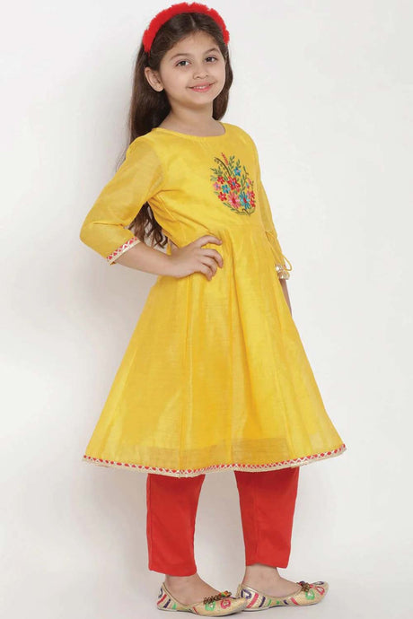 Buy Girl's Yellow And Red Embroidered Kurta With Pajama And Dupatta Online - Back
