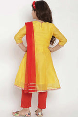 Buy Girl's Yellow And Red Embroidered Kurta With Pajama And Dupatta Online - Front