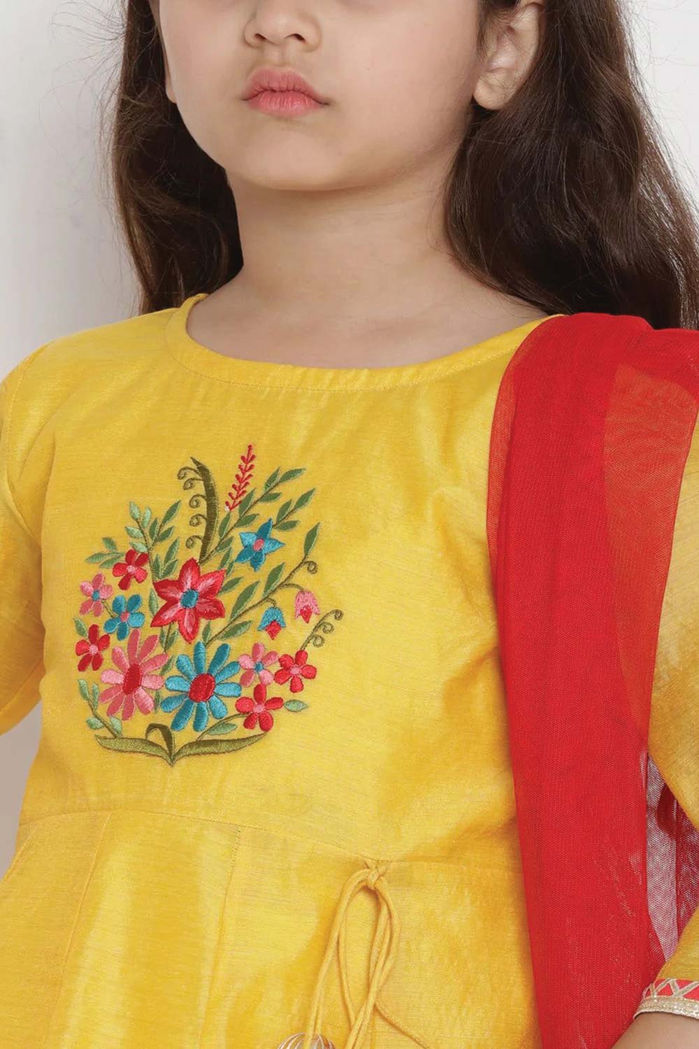 Buy Girl's Yellow And Red Embroidered Kurta With Pajama And Dupatta Online - Side