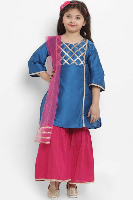 Buy Girl's Blue And Fuchsia Solid Kurta With Palazzos Online