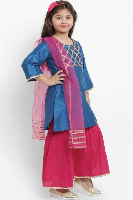 Buy Girl's Blue And Fuchsia Solid Kurta With Palazzos Online - Back