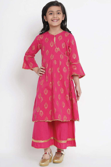 Buy Girl's Fuchsia Pink And Gold-Coloured Printed Kurta With Palazzos Online