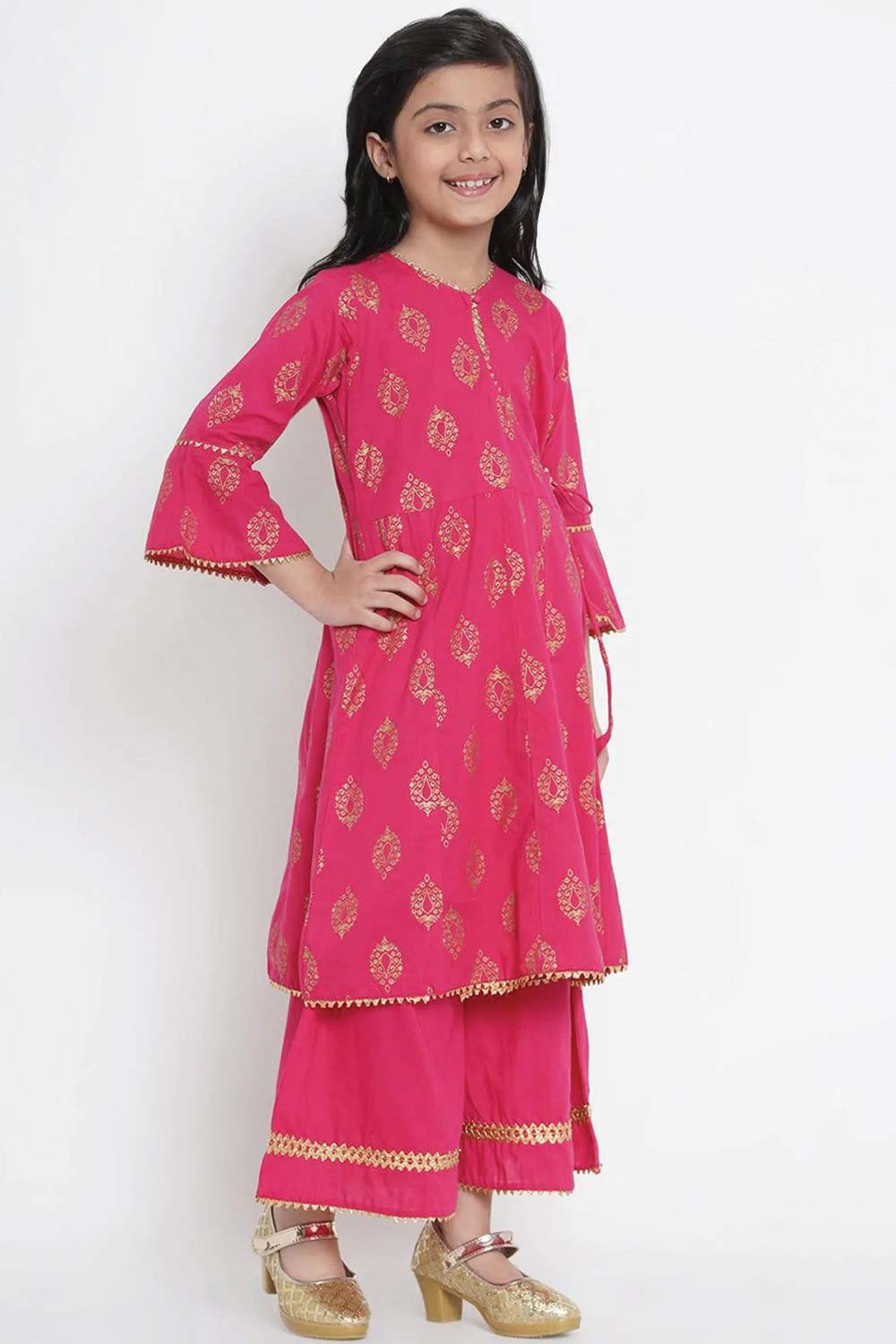 Buy Girl's Fuchsia Pink And Gold-Coloured Printed Kurta With Palazzos Online - Front