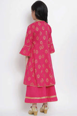 Buy Girl's Fuchsia Pink And Gold-Coloured Printed Kurta With Palazzos Online - Side