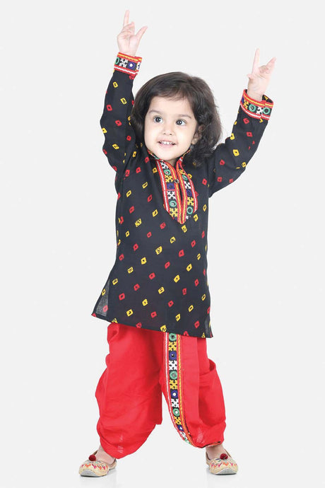 Buy Boy's Black Bandhani Print Cotton Full Sleeve Kurta Dhoti Set Online