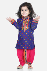 Buy Boy's Blue Bandhani Print Cotton Full Sleeve Kurta Dhoti Set Online