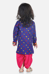 Buy Boy's Blue Bandhani Print Cotton Full Sleeve Kurta Dhoti Set Online - Back