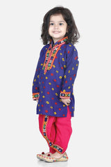 Buy Boy's Blue Bandhani Print Cotton Full Sleeve Kurta Dhoti Set Online - Front
