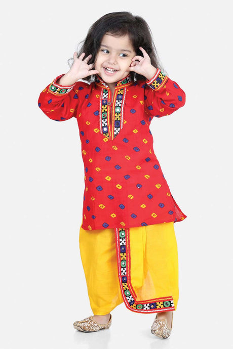 Buy Boy's Red Bandhani Print Cotton Full Sleeve Kurta Dhoti Set Online