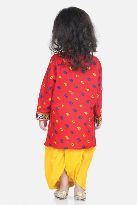 Buy Boy's Red Bandhani Print Cotton Full Sleeve Kurta Dhoti Set Online - Back