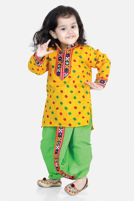 Buy Boy's Yellow Bandhani Print Cotton Full Sleeve Kurta Dhoti Set Online