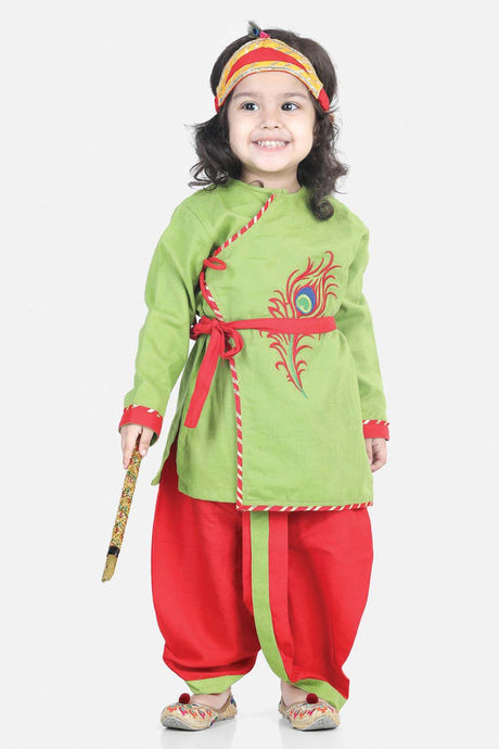 Buy Boy's Green Cotton Embroidery Kanhaiya Dhoti Kurta Mukut Set Online