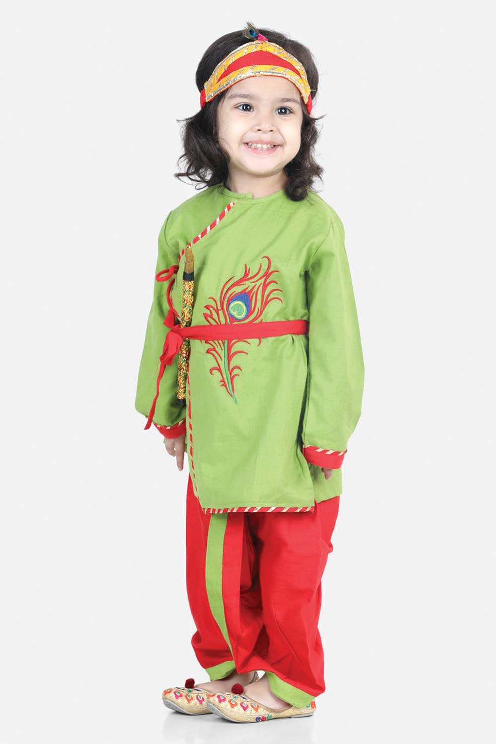 Buy Boy's Green Cotton Embroidery Kanhaiya Dhoti Kurta Mukut Set Online - Front