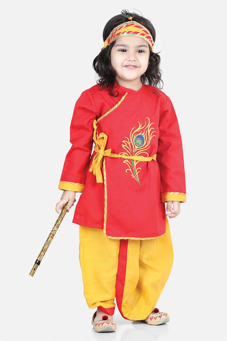 Buy Boy's Red Cotton Embroidery Kanhaiya Dhoti Kurta Mukut Set Online