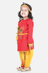 Buy Boy's Red Cotton Embroidery Kanhaiya Dhoti Kurta Mukut Set Online - Front