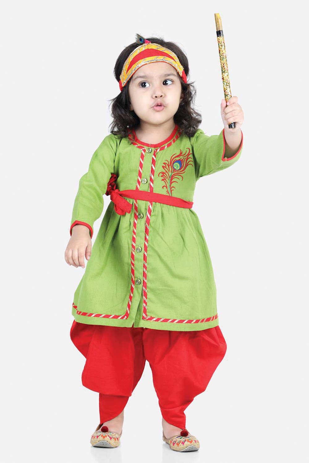 Buy Girl's Green Cotton Embroidery Radha Kurta Dhoti Set With Mukut  Online