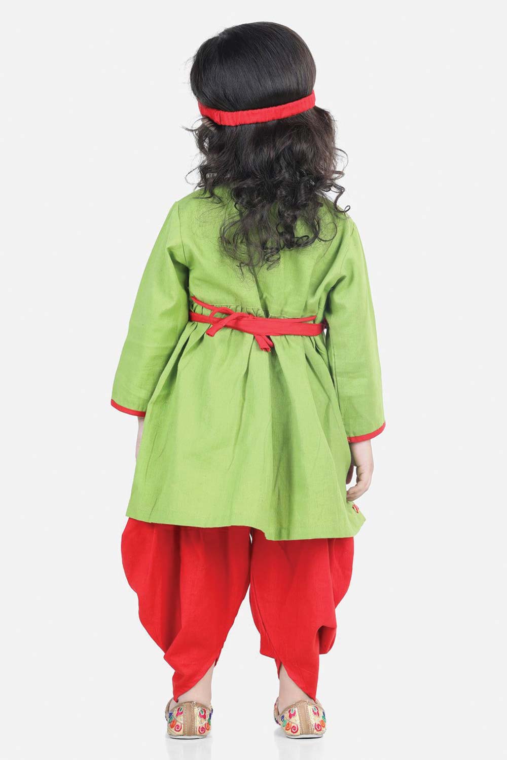 Buy Girl's Green Cotton Embroidery Radha Kurta Dhoti Set With Mukut  Online - Back
