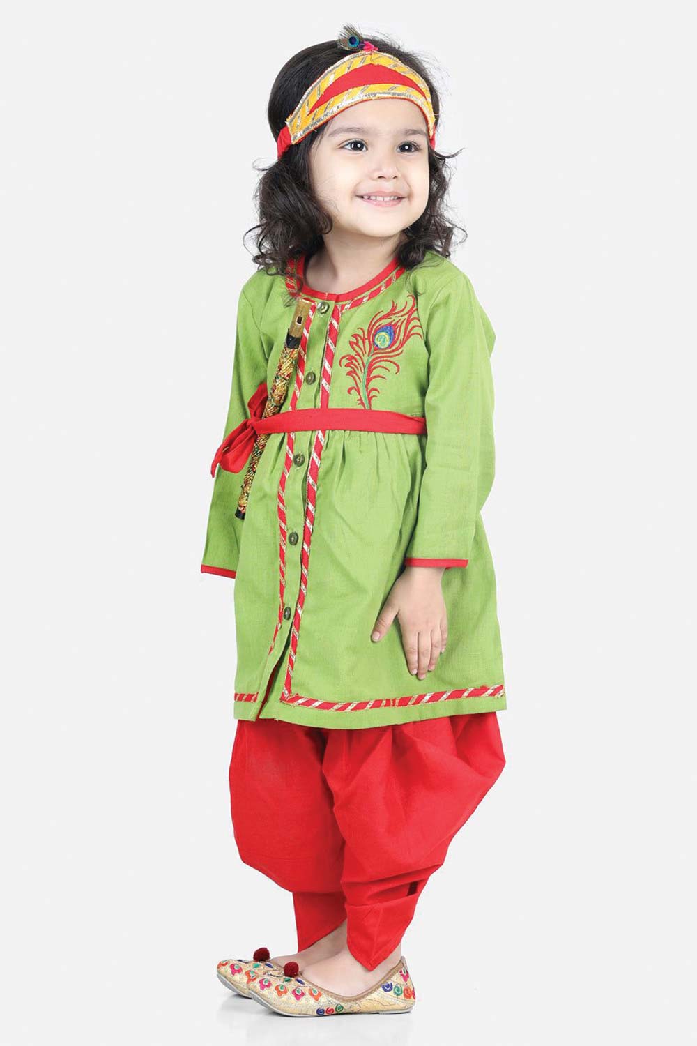 Buy Girl's Green Cotton Embroidery Radha Kurta Dhoti Set With Mukut  Online - Front
