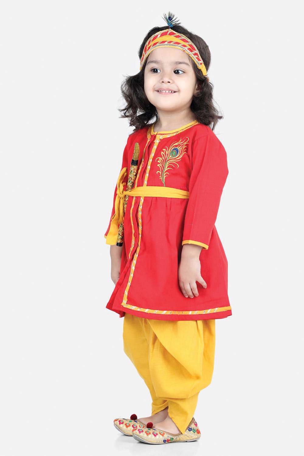 Buy Girl's Red Cotton Embroidery Radha Kurta Dhoti Set With Mukut  Online - Front