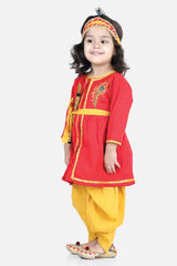 Buy Girl's Red Cotton Embroidery Radha Kurta Dhoti Set With Mukut  Online - Front